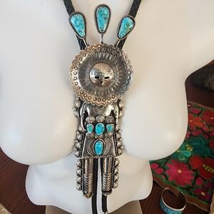 Classic Turquoise & Sterling Silver Bolo Necklace~ Native Made~Garrett Hale